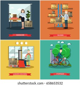 Vector set of mail delivery posters. Manager, Packer, Loading machine and Postman flat style design elements.