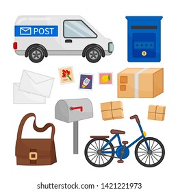 Vector set of mail icons. Postal car, envelopes, stamps, mailbox and other symbols of the postal service.
