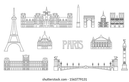 Vector set of main landmarks of Paris. Vector Illustration in line art style in black color isolated on white background. Paris vector icon. Paris building outline.