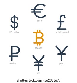 vector set of main world currencies signs or icons, dollar, euro, pounds, yen, yuan, rubles and bitcoin, useful collection, restyled design