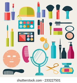 Vector set of Make Up and Beauty Symbols Icon Set in Flat style- Illustration 