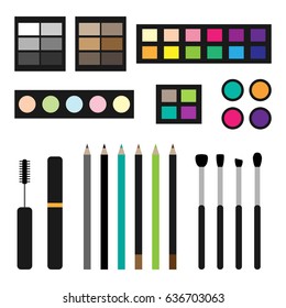Vector set of make up cosmetics brushes, eye shadows, mascara and pencils