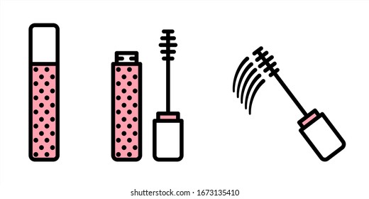 Vector set of makeup from closed, open and leaving mascara. Vector Mascara brush icons in flat linear style with white and pink fill and black stroke isolated on white background