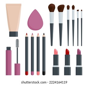 Vector set of makeup elements: lipsticks, mascara, foundation, beauty blender, lip and eye pencils