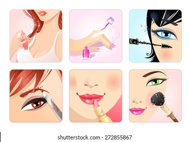 Vector set of make-up square icons. Health and beauty icons with floral vintage elements. Eyebrow pencil, lipstick, mascara, nail polish, perfume and rouge with brush.