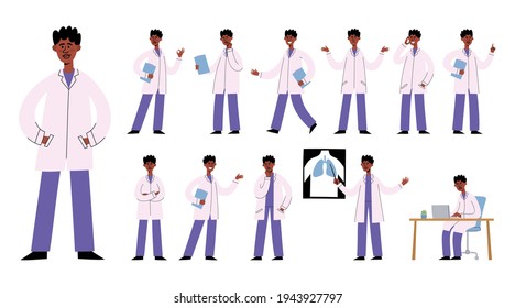 Vector set of male african doctor with various poses and gestures isolated on white. Character creation of medical worker-man