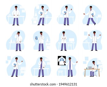 Vector set of male african doctor with various poses and gestures in medical office. Character creation of medical worker-man