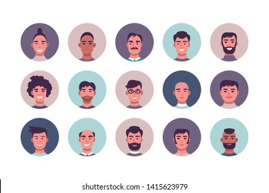 Vector set of male avatars in circle. Illustration of male portraits and character