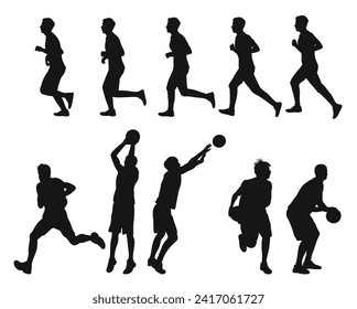 Vector set of male basketball players silhouettes, athletes runners. Basketball, athletics, running, cross, sprinting, jogging, walking