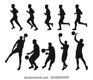 Vector set of male basketball players silhouettes, athletes runners. Basketball, athletics, running, cross, sprinting, jogging, walking