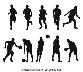 Vector set of male basketball players silhouettes, athletes runners. Basketball, athletics, running, cross, sprinting, jogging, walking