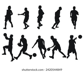 Vector set of male basketball players silhouettes, athletes runners. Basketball, athletics, running, cross, sprinting, jogging, walking