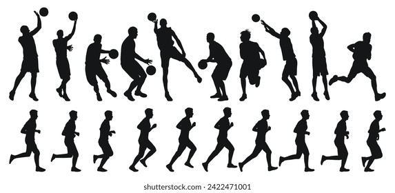 Juego de vectores de siluetas de jugadores de baloncesto masculinos, corredores de atletas. Baloncesto, atletismo, correr, cruzar, correr, correr, trotar, caminar