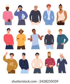 Vector set of male characters in different poses. A group of multinational men from different cultures in a fashionable flat design style. Collection of illustrations with beautiful guys