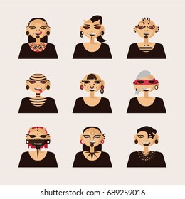 Vector set with male characters, drawn with body modifications, piercing and tattoo. Portraits in various hairstyle and styles of body decoration