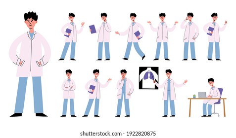 Vector set of male doctor with various poses and gestures isolated on white. Character creation of medical worker-man