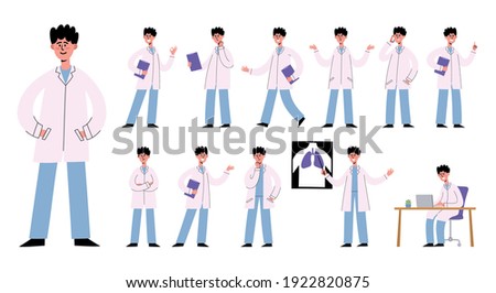 Vector set of male doctor with various poses and gestures isolated on white. Character creation of medical worker-man