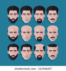 vector set of male faces in flat polygonal style. men hair style icons