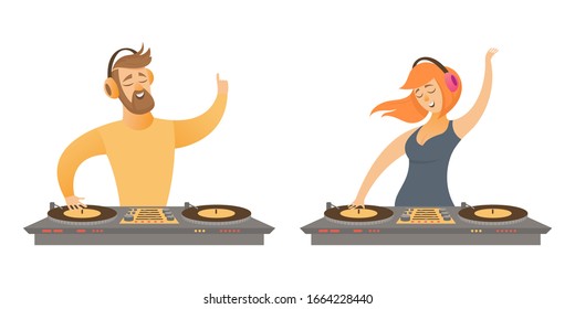 Vector set of male and female DJ. Characters play and mix music in cartoon style isolated on white background.