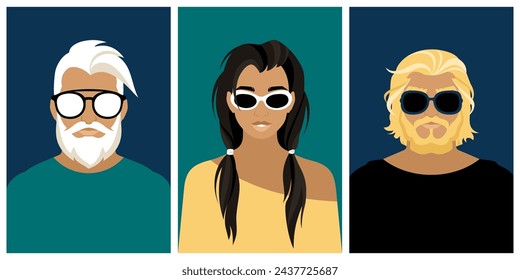 Conjunto vectorial de retratos masculinos y femeninos. Hombres con barba y una joven con gafas de sol. Una ilustración de gafas de moda, seguras de sí mismas y con estilo para jóvenes