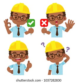 Vector set of male, man engineer character in different action poses isolated on white background
