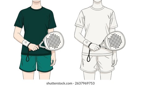 Vector set of a male padel player in two styles: full color and monochrome line art. Character asset for sports design, isolated.
