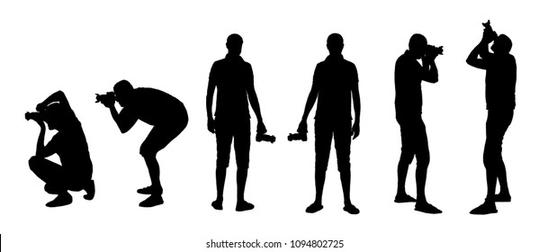 Vector set of male photographer holding camera and taking pictures.