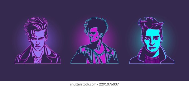 Vektorset männlicher Porträts im Cyberpunk-Stil. Gekaufte Frisuren und helle Neonfarben. Aufkleber oder Embleme.