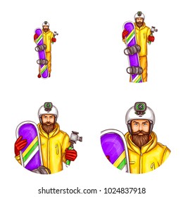 Vector set of male round avatars for users of social networks, blogs, profile icons in pop art style. Young bearded active man, in snowboarding outfit, with action camera on helmet holds snowboard