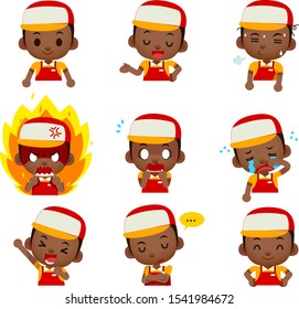 Vector set of male shopkeeper, staff character in different actions isolated on white background