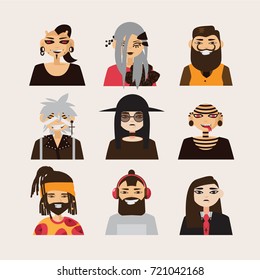 Vector set with male subcultural characters. Rasta, body modification, hipster, goth, visual kei guys. 