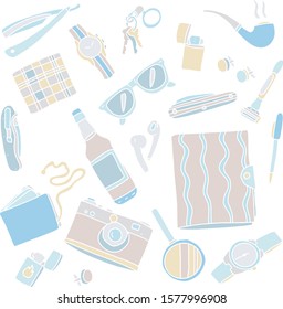 vector set with male subjects. men's accessories on a white background. glasses, smoking pipe, watch, cufflinks, wallet, razor, diary, knife and more