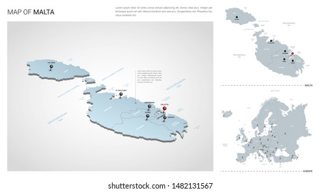 Vector set of Malta country.  Isometric 3d map, Malta map, Europe map - with region, state names and city names. 