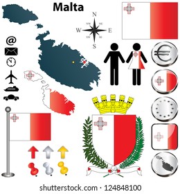 Vector set of Malta country shape with flags, buttons and icons isolated on white background