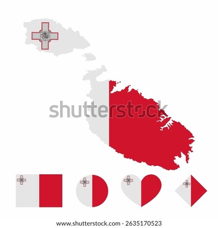 Vector set of Malta high detailed map flag and national flag round badge isolated on white background.