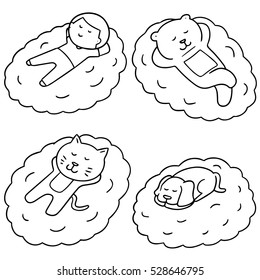 vector set of man and animal sleep on cloud