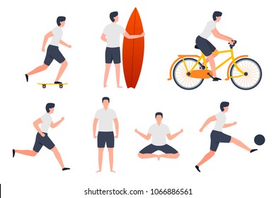 Vector set of man in different summer activities - skate, running, yoga, football, surfing, cycling.