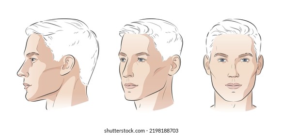 vector Set of man face portrait three different angles and turns of a male head. Close-up line sketch. Different view front, profile, three-quarter of a boy.