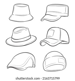 Vector set of man hats. Stylish male headwear.