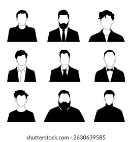 A vector set of man icons. A set of black and white man profile picture illustrations. A monochrome man avatar collection.