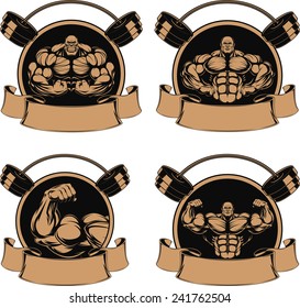 Vector set, man of iron, bodybuilder showing muscles, illustration vektor