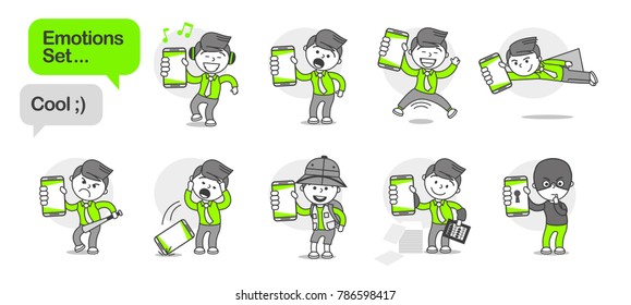 Vector set of a man with a phone emotions and mood different situations
