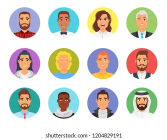 Vector set of man round avatar with different emotions and hairstyle. Male multicultural portrait.