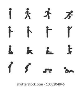 Vector set of man standing walking running sitting lying pointing in different poses icons.