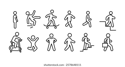 Vector set of man standing walking running sitting lying pointing in different poses line icons.