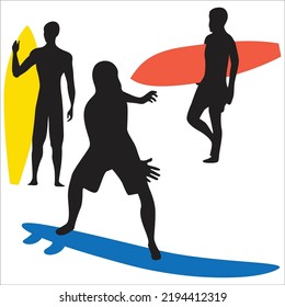 Vector Set Of Man Surfing Silhouettes Illustration Isolated On White Background