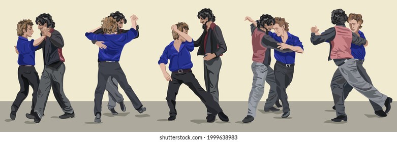 Vector set of man tango movements. Five postures. Man in bright blue shirt dances tango with brunet with moustaches in black vest with red atlas back. Beige muted background.