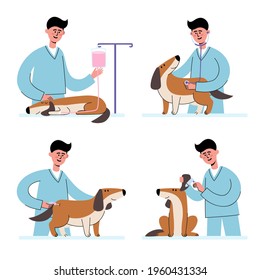 Vector set of man veterinarian holds dog on table