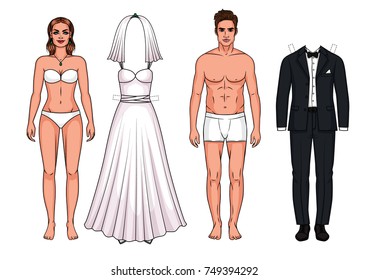 Vector set of man and woman in underwear. Wedding dress and wedding suit for the bride and groom