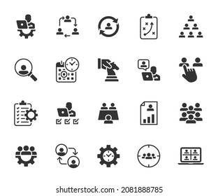 Vector Set Of Management Flat Icons. Contains Icons Project Management, Coordination, Online Meeting, Personnel Management, Team, Skills, Time, Remote Management And More. Pixel Perfect.